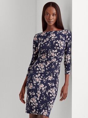 Ralph Lauren RL Navy Floral Sheath Dress with Pink Blossom Print